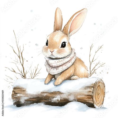 Adorable Winter Bunny in Scarf on Snowy Log