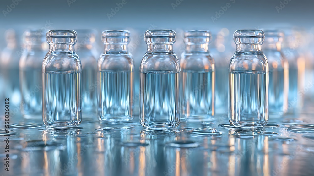 High quality photo of rows of Clear Glass Ampoules with Light Blue Liquid Reflecting on a Bright Surface. High quality photo of rows of Clear Glass Ampoules with Light Blue Liquid Reflecting on a Bright Surface.