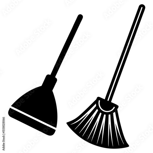 Broom and Dustpan Icon Vector – Generative AI and Linocut Silhouette Design