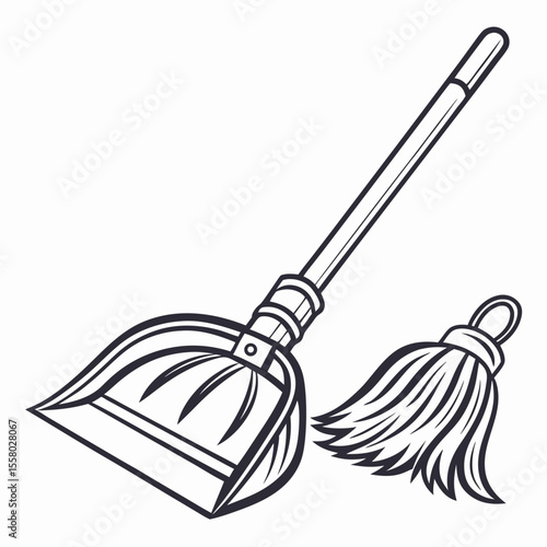 Broom and Dustpan Icon Vector – Generative AI and Linocut Silhouette Design