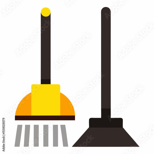 Broom and Dustpan Icon Vector – Generative AI and Linocut Silhouette Design