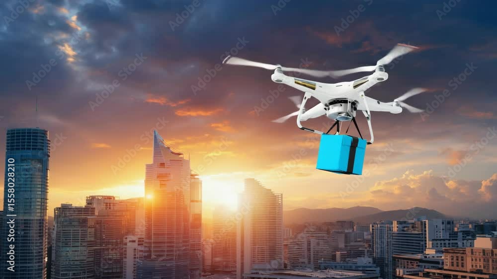 Delivery device, drone flying over a modern cityscape at sunset, carrying blue package through the air, symbolizing futuristic logistics, smart transportation, and fast shipping in urban environments Delivery device, drone flying over a modern cityscape at sunset, carrying blue package through the air, symbolizing futuristic logistics, smart transportation, and fast shipping in urban environments