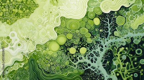 Abstract green pattern with swirling, circular shapes and organic textures resembling nature and microscopic forms.