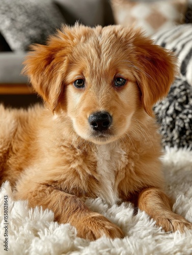 Golden-retriever puppy curled on plush white rug.