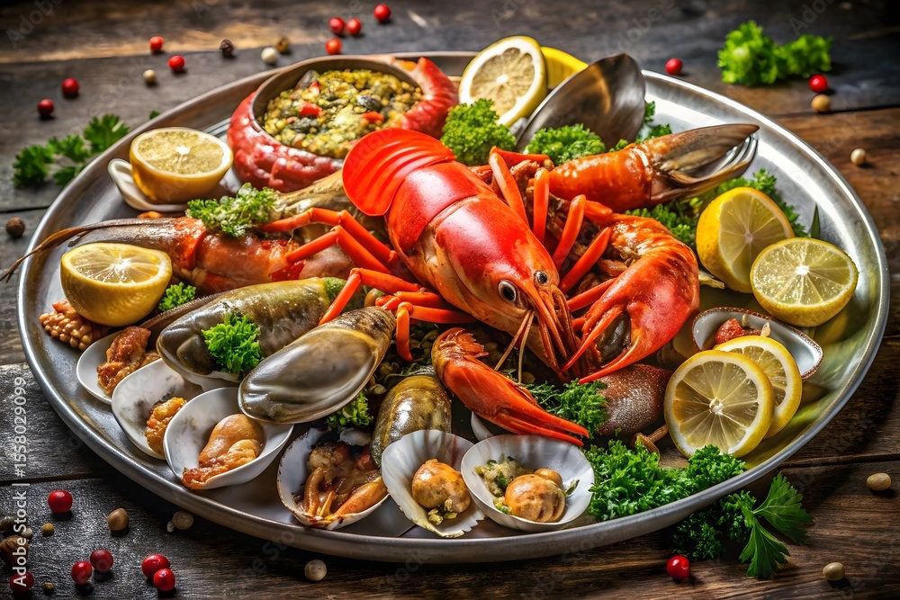 Luxurious seafood platter featuring lobster crawfish oysters and lemon slices Luxurious seafood platter featuring lobster crawfish oysters and lemon slices