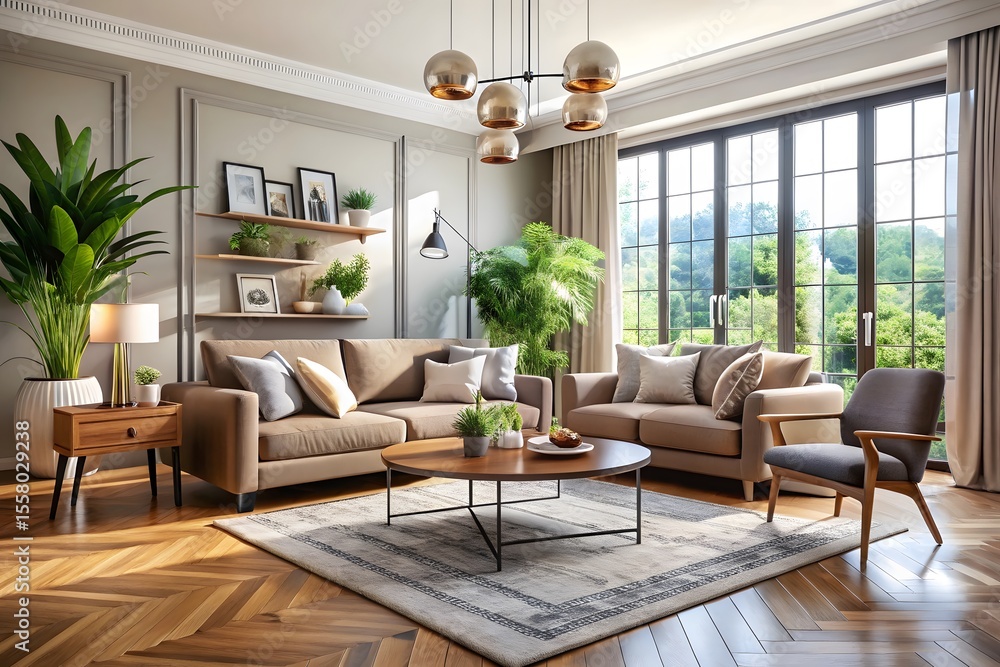 Modern living room design with neutral tones and abundant natural light Modern living room design with neutral tones and abundant natural light