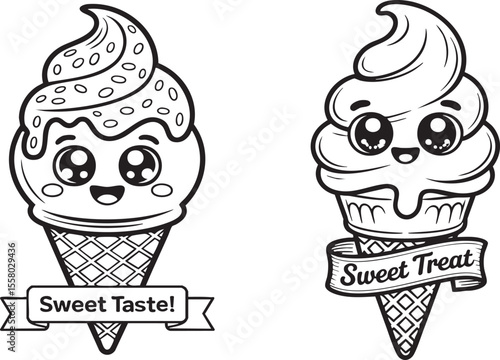 Two Cute Cartoon Ice Cream Cones with Kawaii Faces and Banners