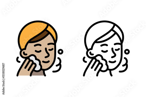 Vector Graphic of a person cleansing their face or applying make-up. Ideal for skincare, beauty products, facial cleansers, spa services, health articles. icon design concept