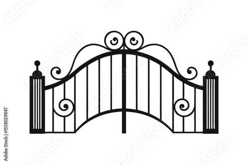 Curved Ornamental Garden Gate Line Drawing with White Background Illustration