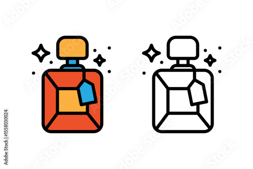 Vector graphic icon perfume bottle with atomizer spray. Suitable for use in fragrance product, beauty e-commerce websites, cosmetics app UI, online perfume stores, for aroma therapy and personal care.