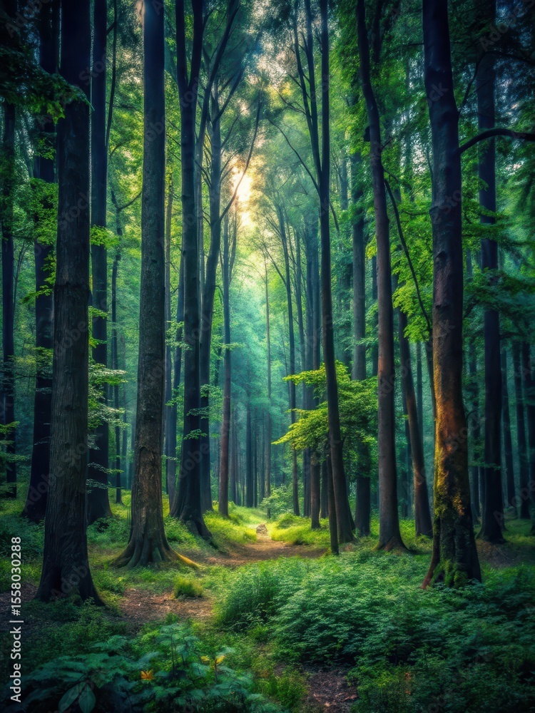 Fototapeta premium Dark forest with tall trees and overgrown bushes