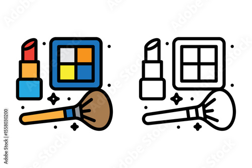 Flat and outline icon of a complete makeup tool set including a lipstick, powder brush, and color palette. Ideal for beauty app interfaces