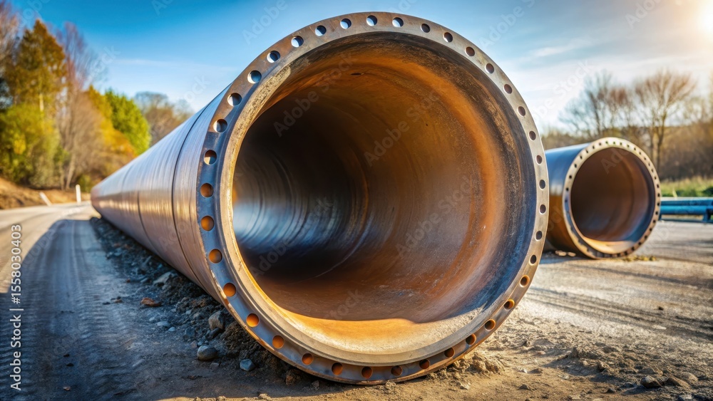 A close-up of a large iron sewer pipe made of cast iron or stainless steel A close-up of a large iron sewer pipe made of cast iron or stainless steel