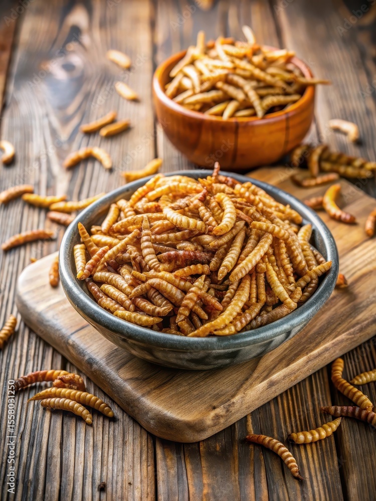 Crunchy mealworms on a wooden table for insect snacks and entomophagy Crunchy mealworms on a wooden table for insect snacks and entomophagy