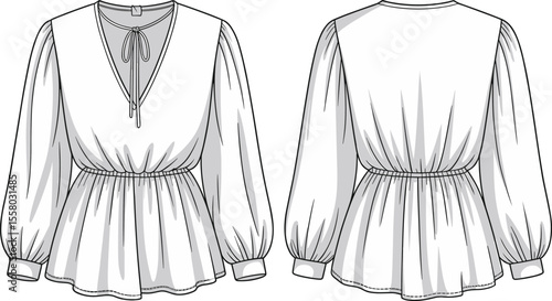 Women’s Long Sleeve Peasant Blouse CAD Flat Front Back Vector Fashion Sketch