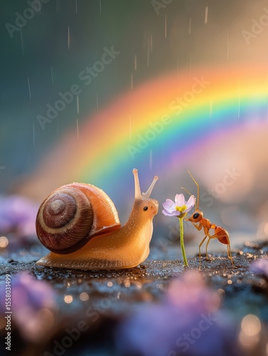 A wide-angle shot of a snail and an ant watching a rainbow after the rain, the ant giving a flower petal as a gift to the snail.