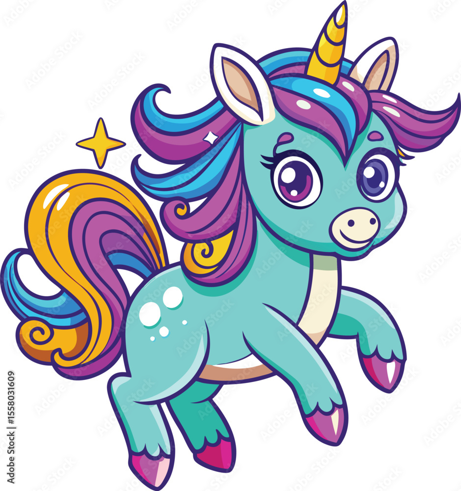Fototapeta premium Kawaii unicorn jumping with sparkles, magical cartoon outline vector