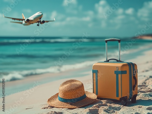 Airplane, Suitcase, and Straw Hat on Tropical Beach for Vacation Travel