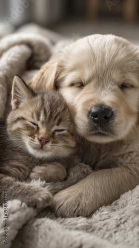 An ultra-adorable fluffy kitten on the left and a sweet young puppy on the right snuggled closely together.