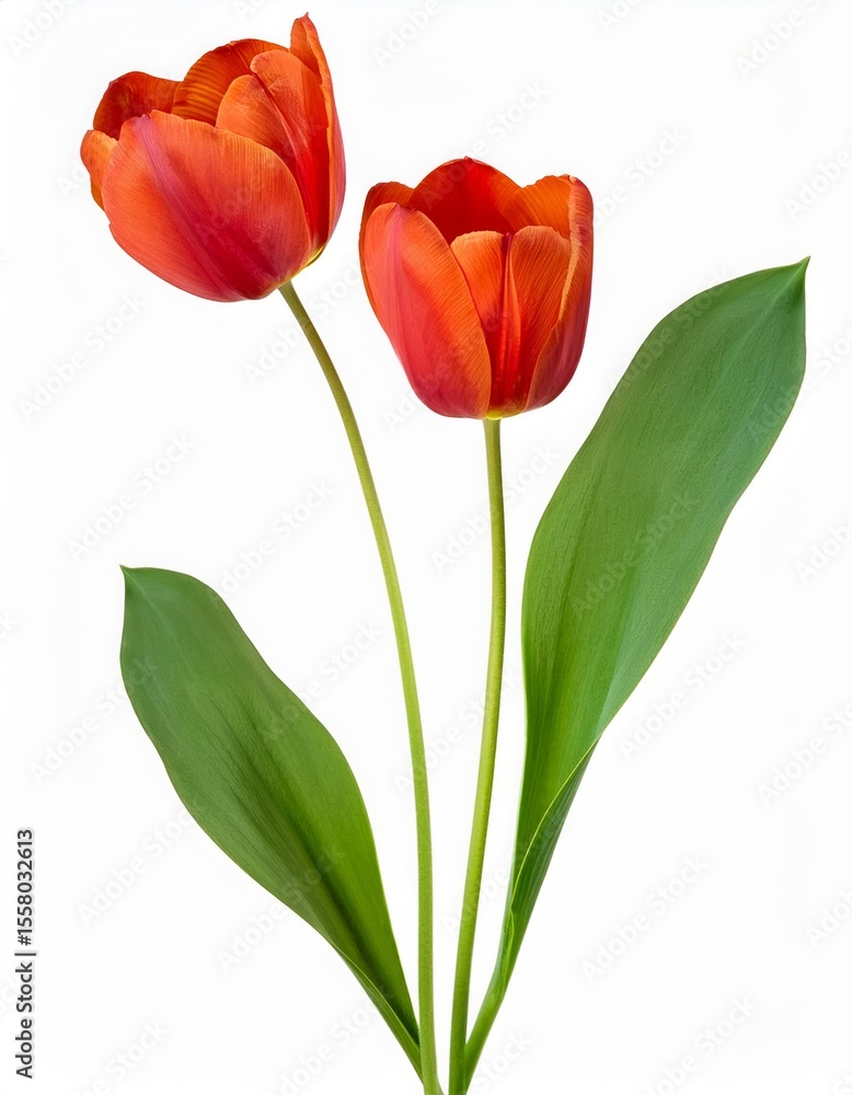 Two Vibrant Orange Tulips with Lush Green Leaves Isolated on White Background Two Vibrant Orange Tulips with Lush Green Leaves Isolated on White Background