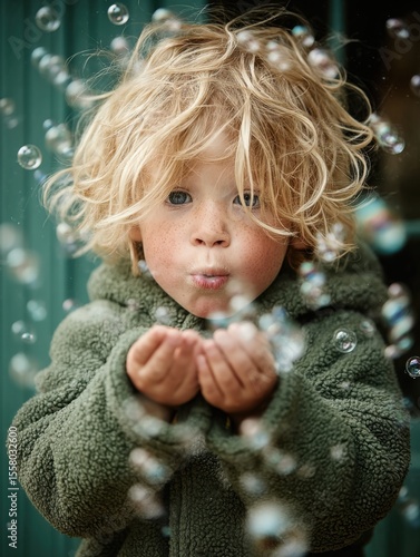 A preschooler blows soap bubbles.