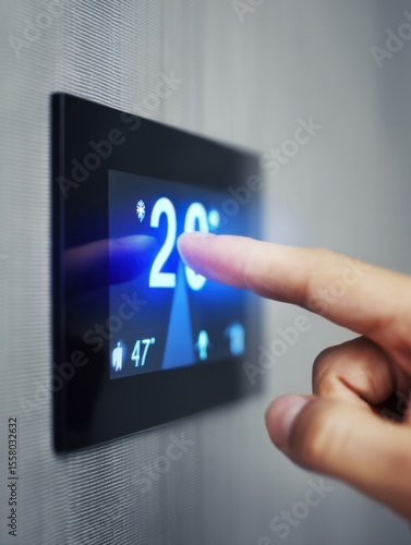 Smart-Home Screen Tap - finger taps thermostat screen, temperature changes.