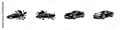 Minimal Flat Design of Aggressive Sports Car Tearing Down Track Silhouette on White Background