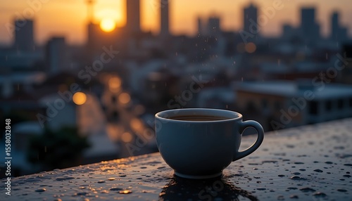 A cup of coffee on a rainy rooftop at sunset overlooking a city skyline