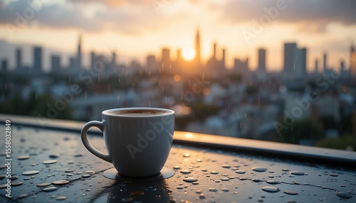Rainy Sunset Cityscape with a Cup of Coffee on a Wet Balcony