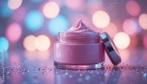 Luxurious Pink Face Cream in Glass Jar with Sparkling Background