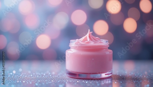 Luxurious Pink Moisturizing Face Cream Jar on Glittery Surface with Bokeh Background