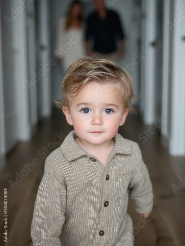a toddler taking their first step across a honey-oak hardwood floor toward the camera.