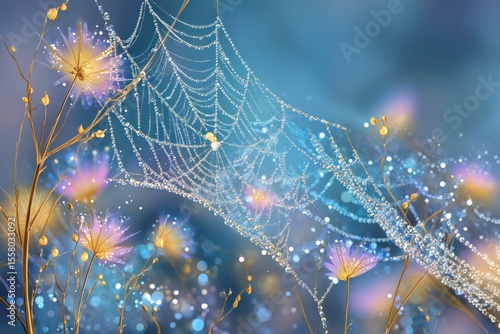 Dewcovered spiderweb glistens among pastel flowers bokeh lights adding a magical touch