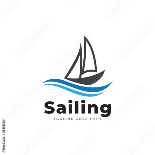 Simple sailboat, dhow boat, ship on ocean waves with Doodle line art style for Sailing Travel Transportation logo design
