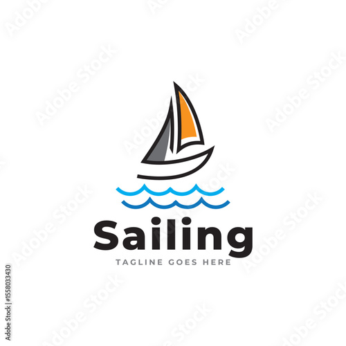 Simple sailboat, dhow boat, ship on ocean waves with Doodle line art style for Sailing Travel Transportation logo design