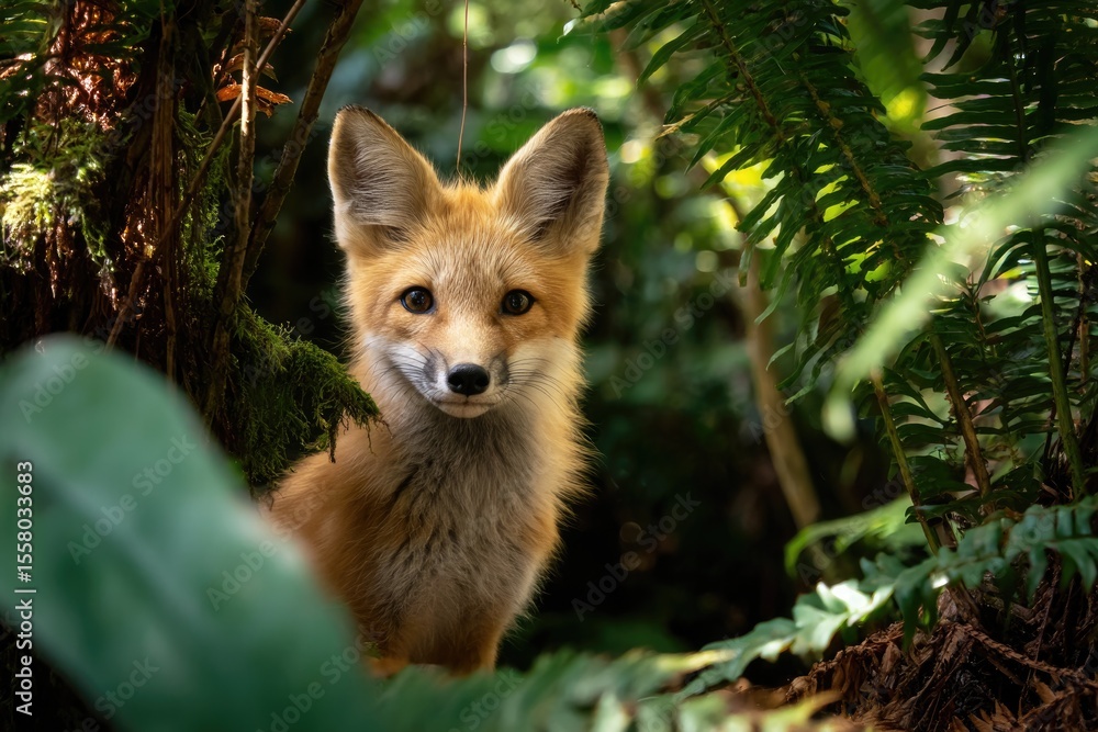 Obraz premium A fox peeking out from behind dense forest