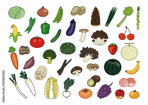 野菜ときのこと果物のイラストセット