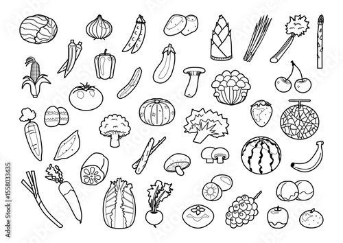 野菜ときのこと果物のイラストセット　白黒