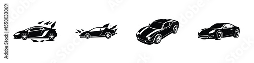 Artistic rendering of a compact sports car side view tearing down track Silhouette on White Background