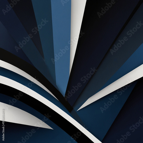 A bold abstract background with layered geometric shapes in navy, black, and white. Clean lines and sharp angles create a modern and dynamic visual.