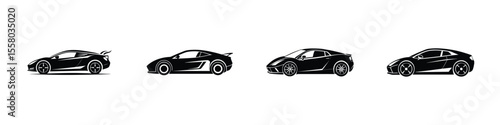 Profile view of a refined sports car cutting through air Flat Silhouette on White Background