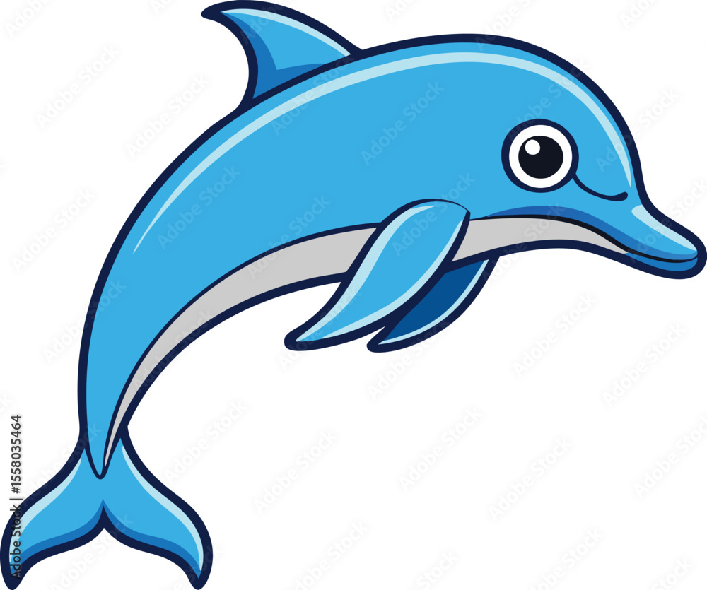 Fototapeta premium Cute blue cartoon dolphin jumping and smiling silhouette isolated on white background