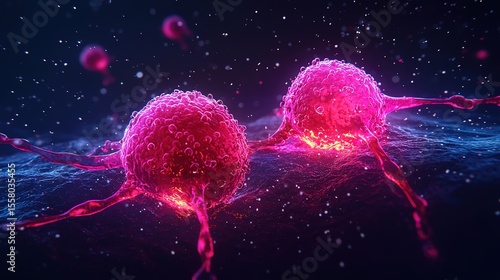 Two vibrant pink cancer cells under a microscope, displaying irregular shapes and surface textures against a dark, starry background.