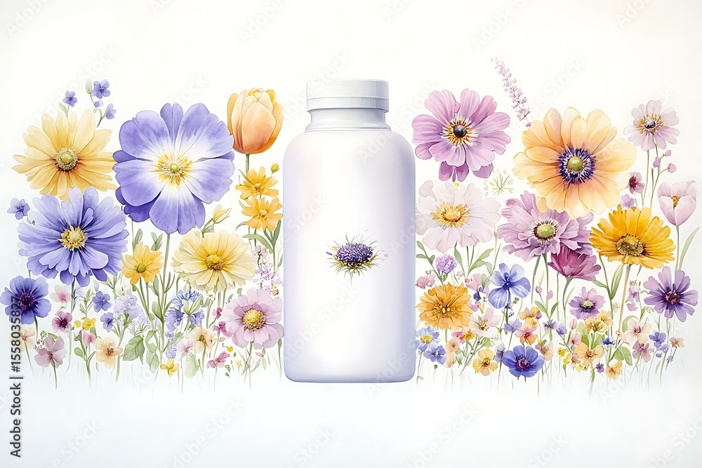 Elegant White Bottle Surrounded by Colorful Spring Flowers Creating a Fresh Natural Vibe Elegant White Bottle Surrounded by Colorful Spring Flowers Creating a Fresh Natural Vibe
