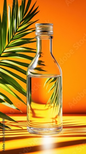 Clear Glass Bottle with Palm Frond on Yellow and Orange Background