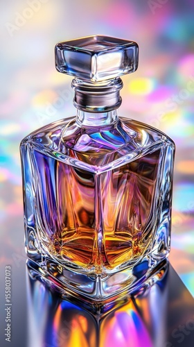 Crystal Decanter with Amber Liquid and Iridescent Light