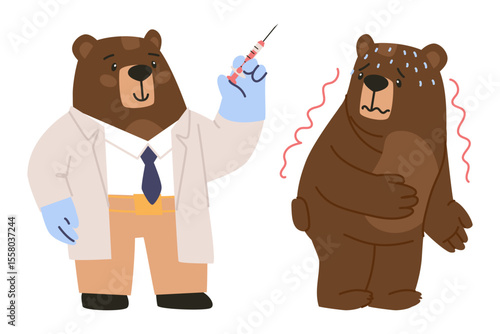 bear doctor presents injection to bear. doctor with syringe, patient shaking with fear, flat vector illustration, eps10