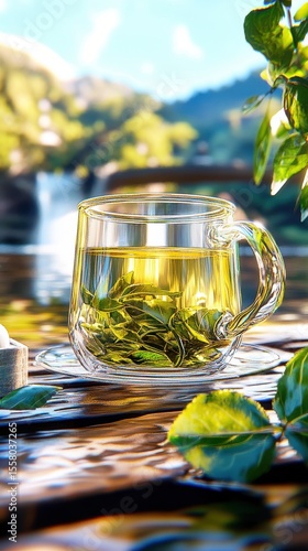 Glass Mug of Tea by Waterfall, Sunlight, Green Leaves