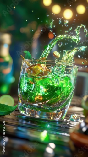 Green Cocktail Splash in Glass on Wooden Bar