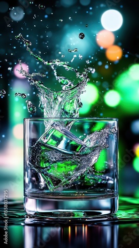 Ice Cubes Splashing into a Glass with Colorful Background